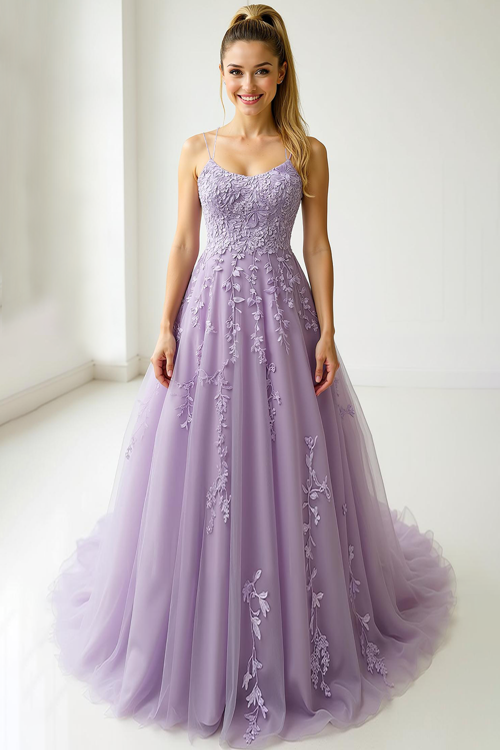 A-Line Purple Spaghetti Straps Long Prom Dress with Appliques
