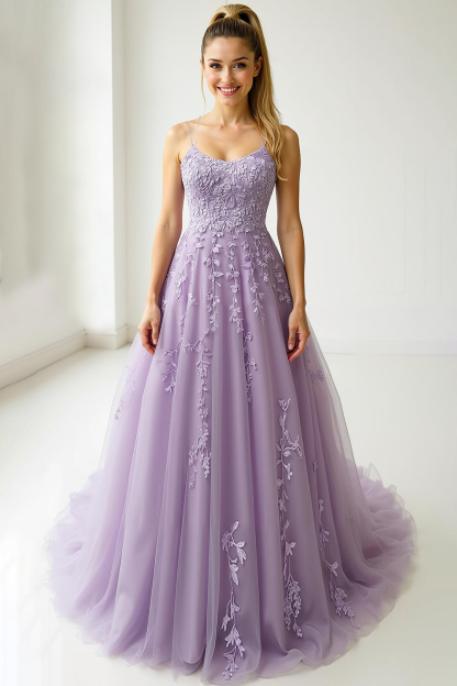 A-Line Purple Spaghetti Straps Long Prom Dress with Appliques
