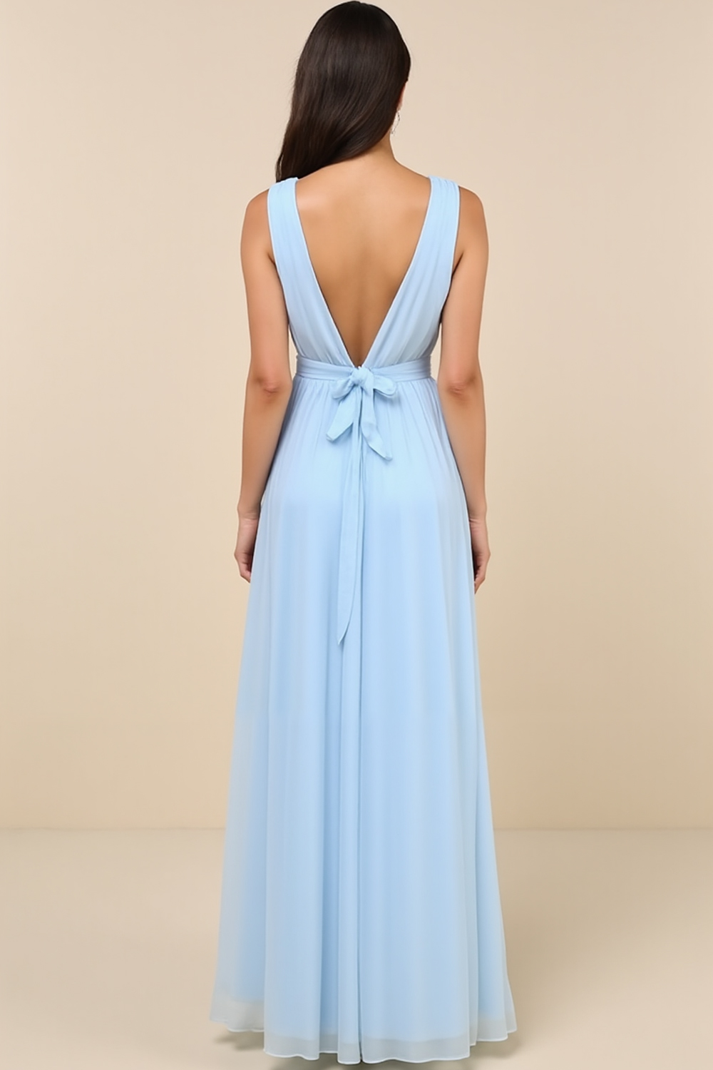 Modecrush Sky Blue Pleated Chiffon V-Neck Long Formal & Vacation Dress