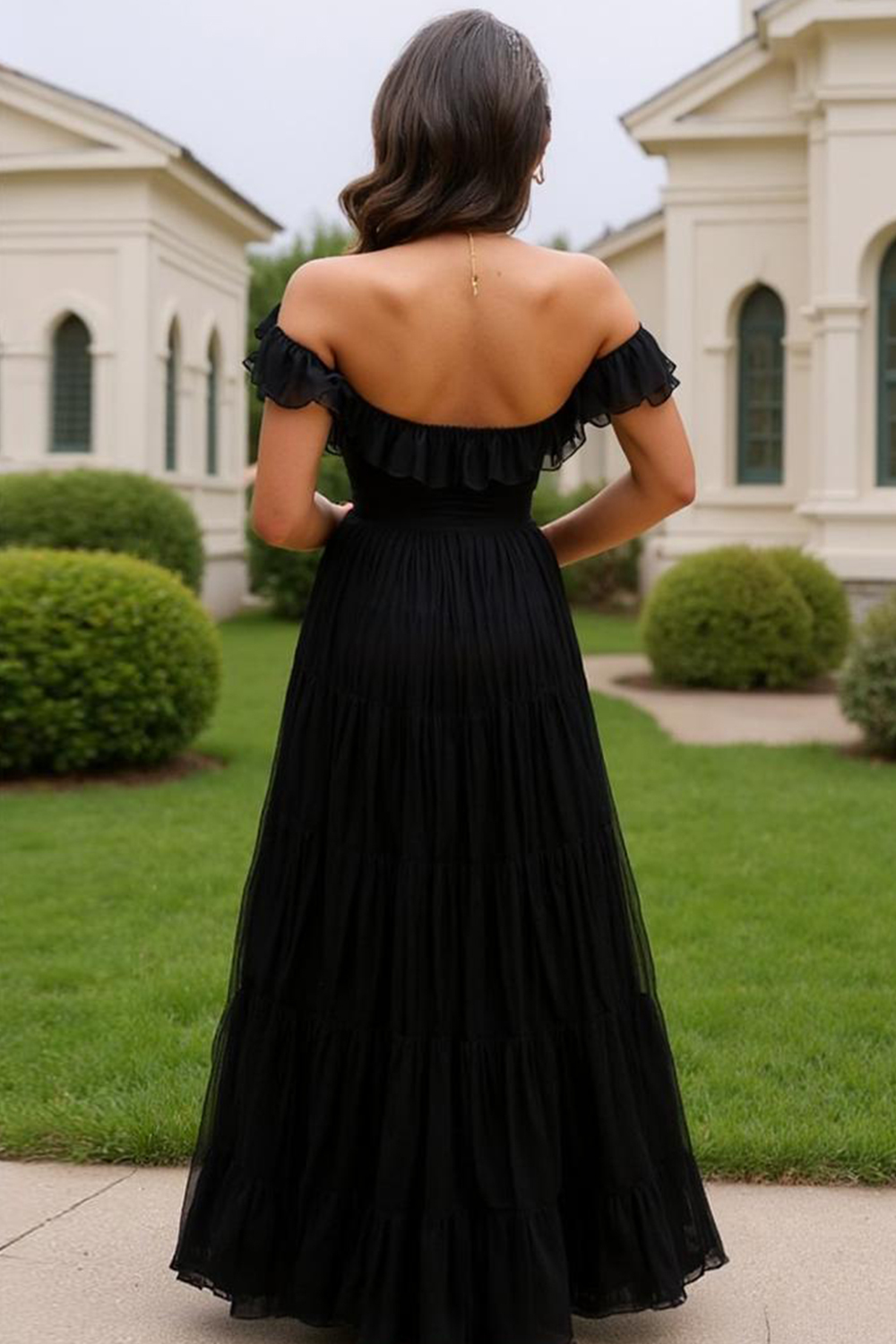 Modecrush Black Chiffon Off-the-Shoulder Tiered A-Line Dress with Flutter Sleeves