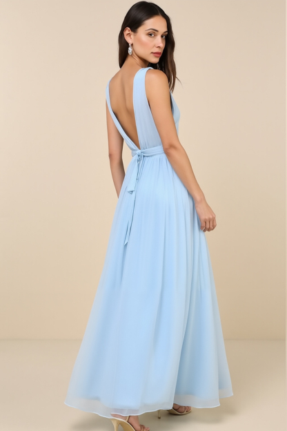 Modecrush Sky Blue Pleated Chiffon V-Neck Long Formal & Vacation Dress