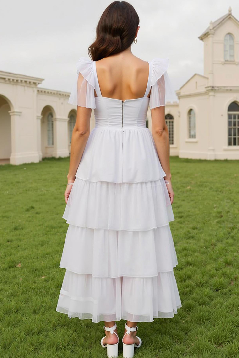 Modecrush White Chiffon Sweetheart A-Line Tiered Long Dress with Flutter Sleeves