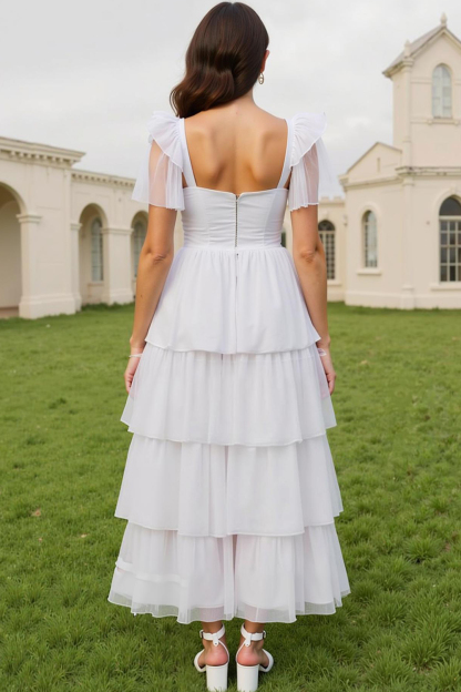 Modecrush White Chiffon Sweetheart A-Line Tiered Long Dress with Flutter Sleeves