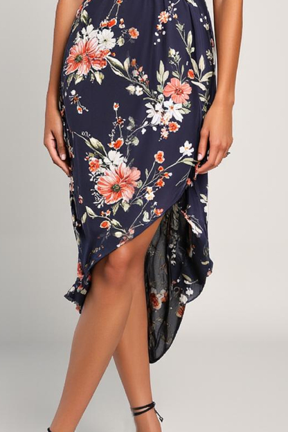 Modecrush Navy Floral Chiffon V-Neck Sleeveless A-Line Formal & Vacation Dress