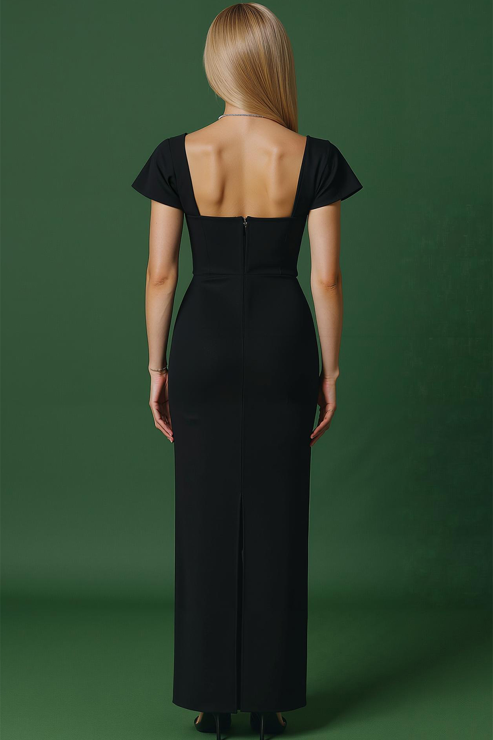 Modecrush Black Spandex Square Neck Fitted Sheath Dress with Gemstone Decoration