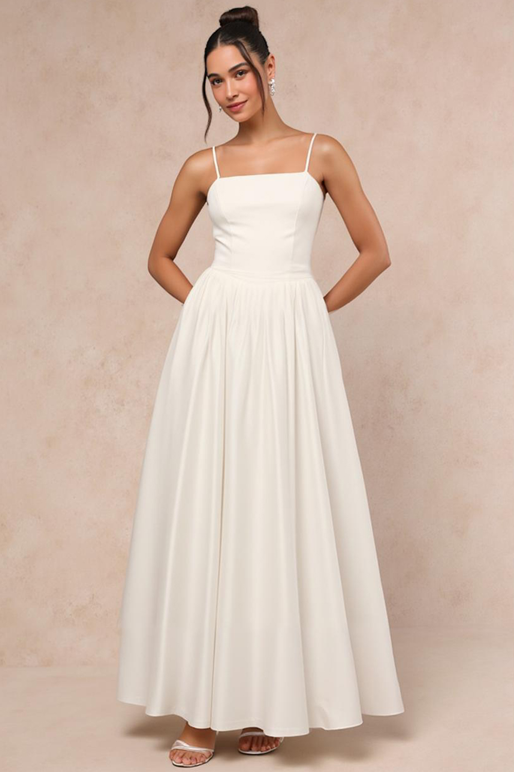 Modecrush White Satin A-Line Long Evening Dress