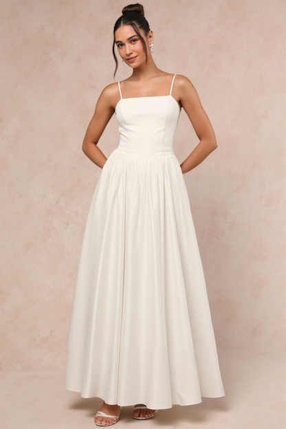 Modecrush White Satin A-Line Long Evening Dress