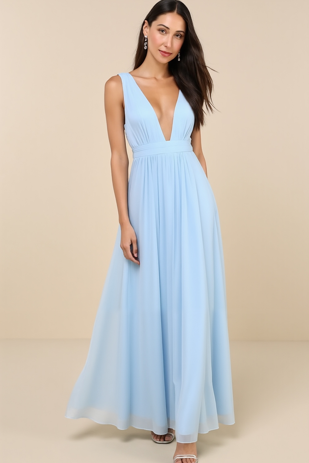 Modecrush Sky Blue Pleated Chiffon V-Neck Long Formal & Vacation Dress