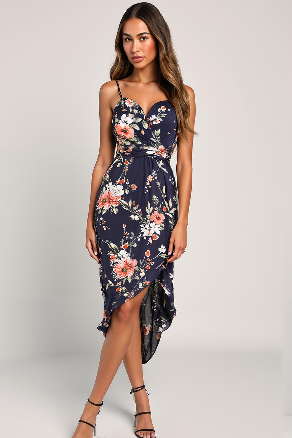 Modecrush Navy Floral Chiffon V-Neck Sleeveless A-Line Formal & Vacati