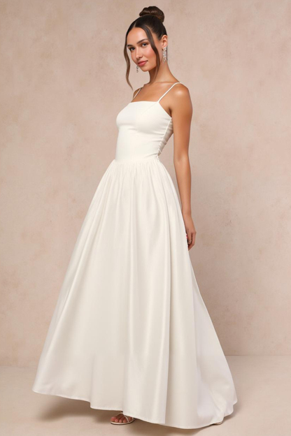 Modecrush White Satin A-Line Long Evening Dress