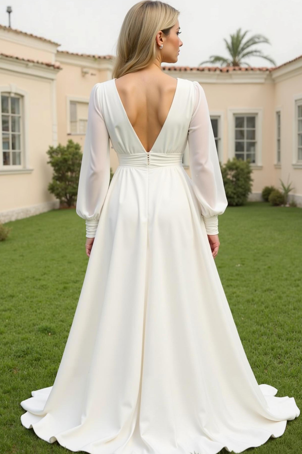 Modecrush White Chiffon V-Neck A-Line Long Dress with Long Sleeves and Side Slit