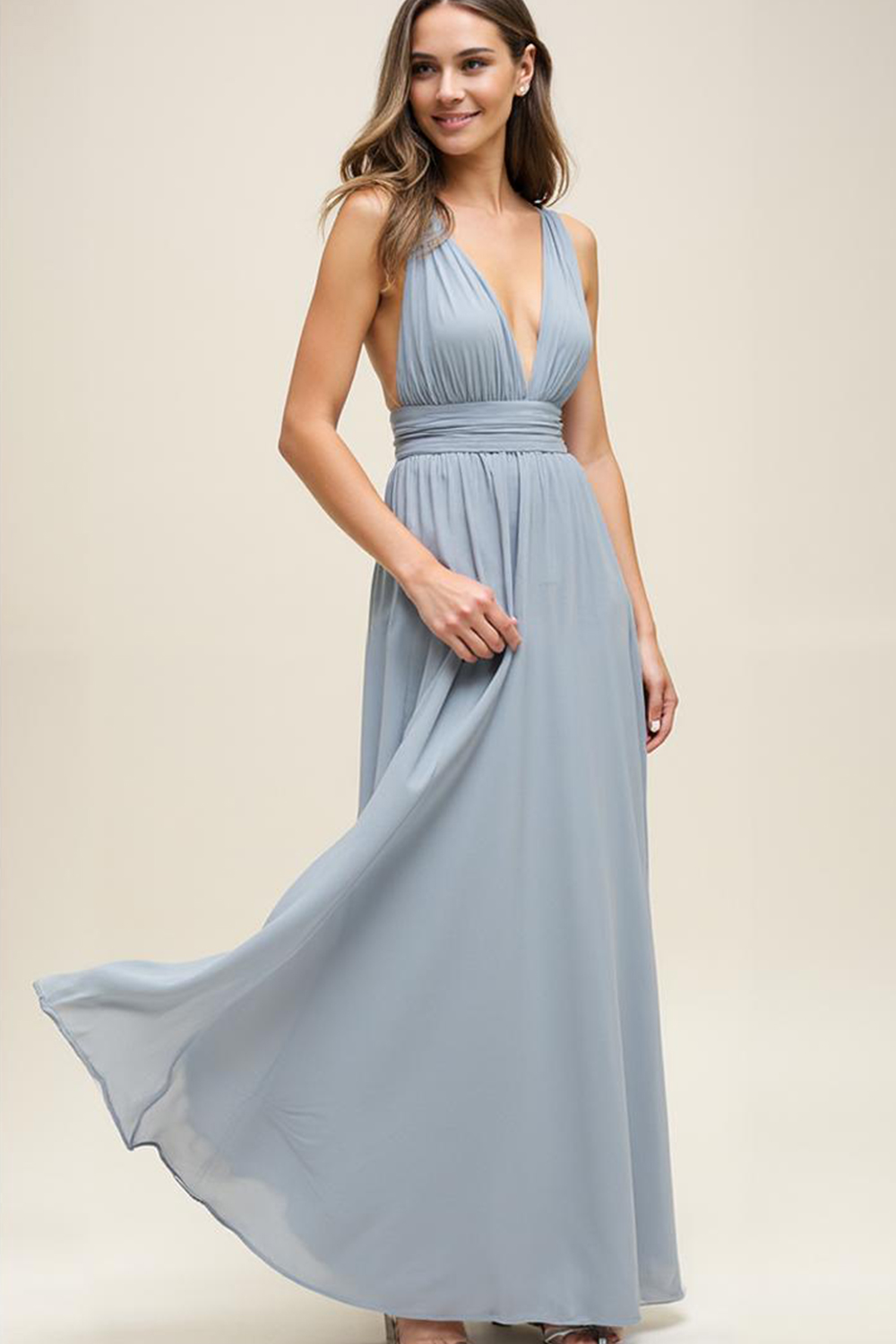 Modecrush Light Blue Chiffon V-Neck A-Line Dress with Side Slit and Covered Buttons