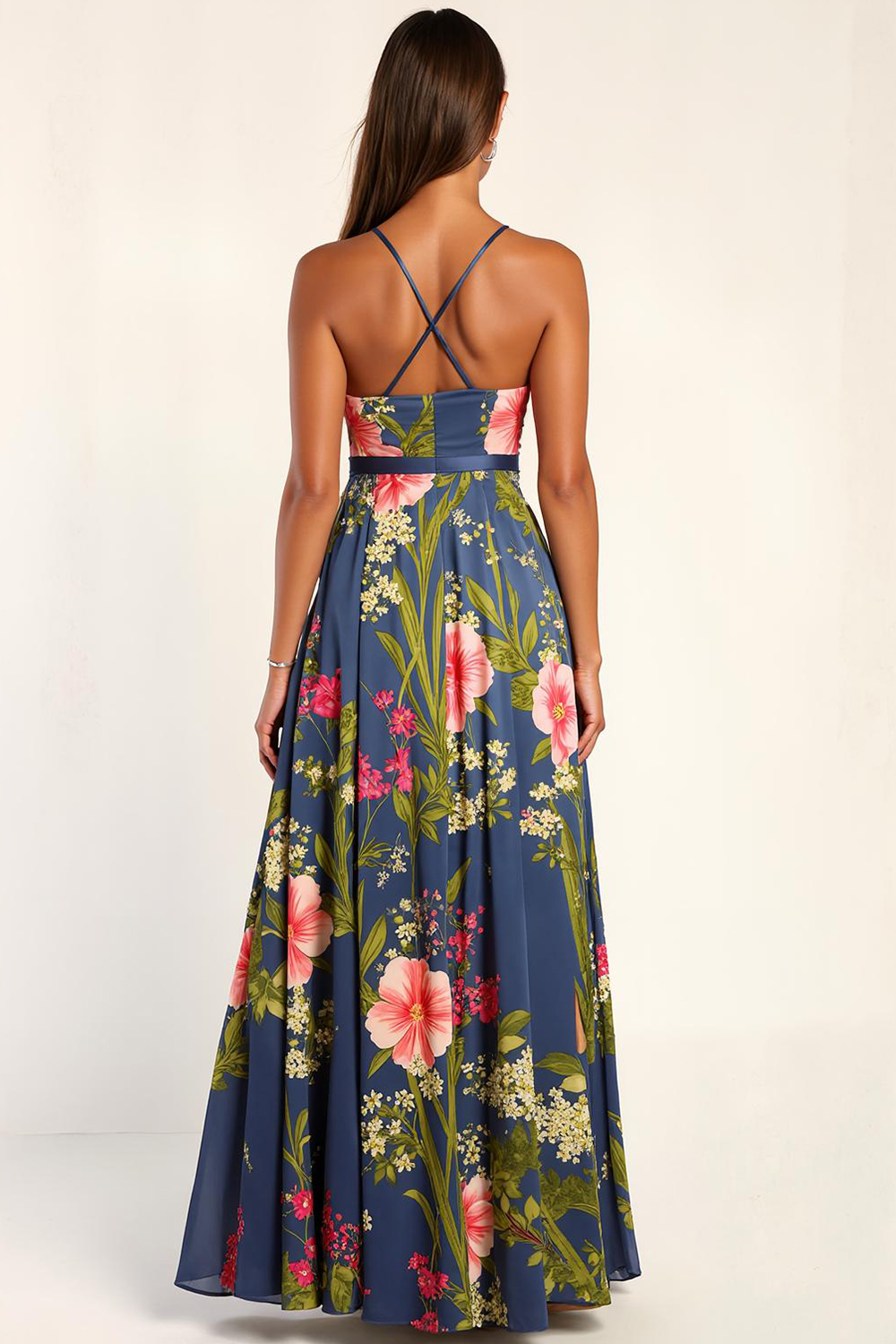 Modecrush Floral Navy Satin V-Neck A-Line Dress with Side Slit