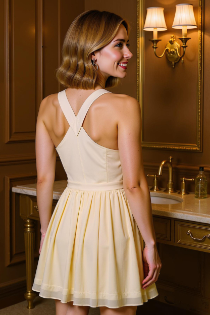 Modecrush Light Yellow Pleated Chiffon Halter Short Cocktail Dress