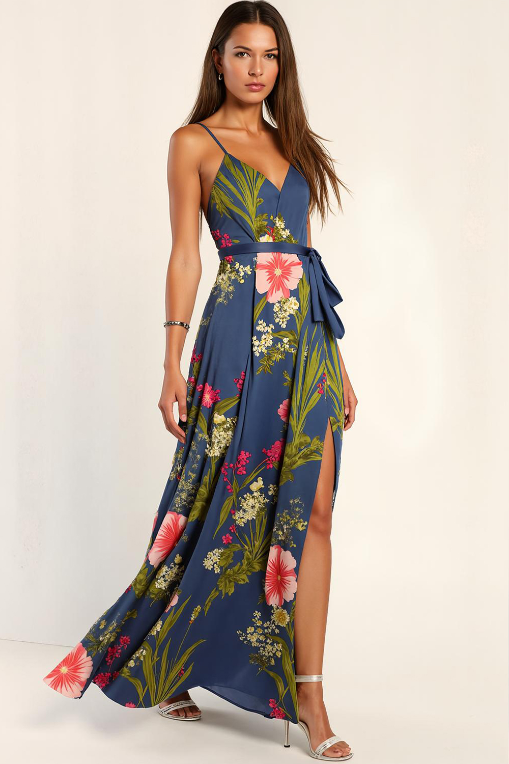 Modecrush Floral Navy Satin V-Neck A-Line Dress with Side Slit