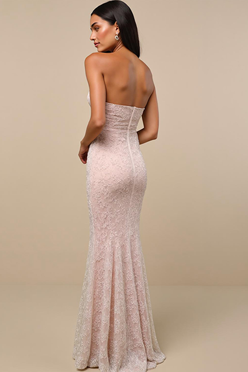 Modecrush Light Pink Lace Pleated Off-the-Shoulder Bodycon Long Dress