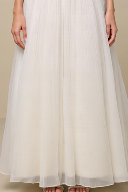 Modecrush Women's Long White Organza Ruched Ball Gown Wedding Guest Dress