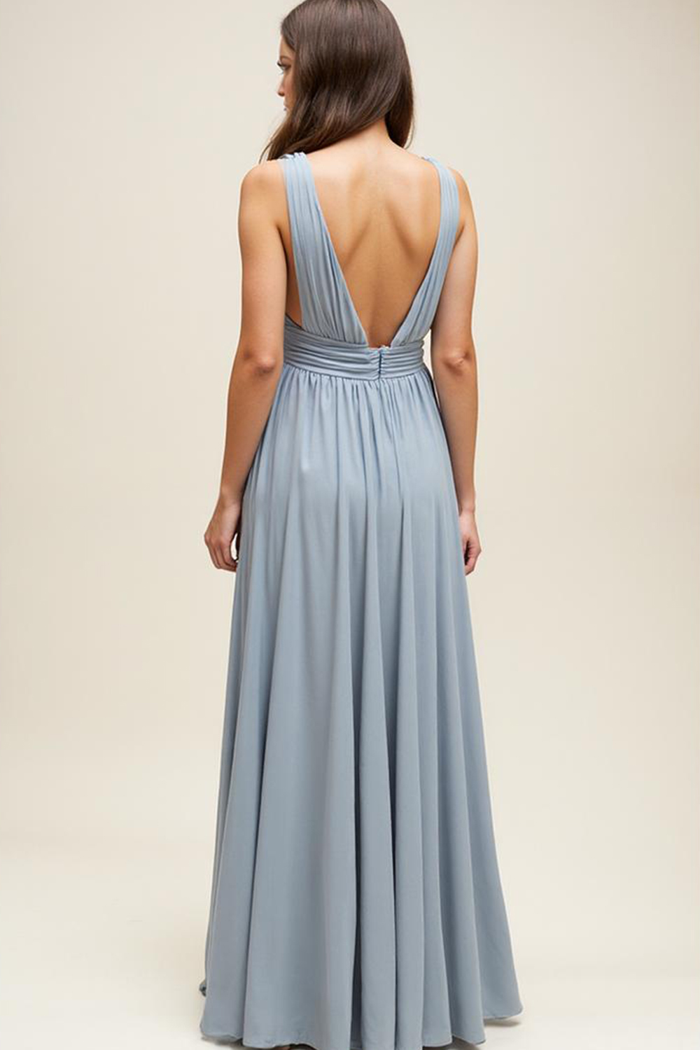 Modecrush Light Blue Chiffon V-Neck A-Line Dress with Side Slit and Covered Buttons
