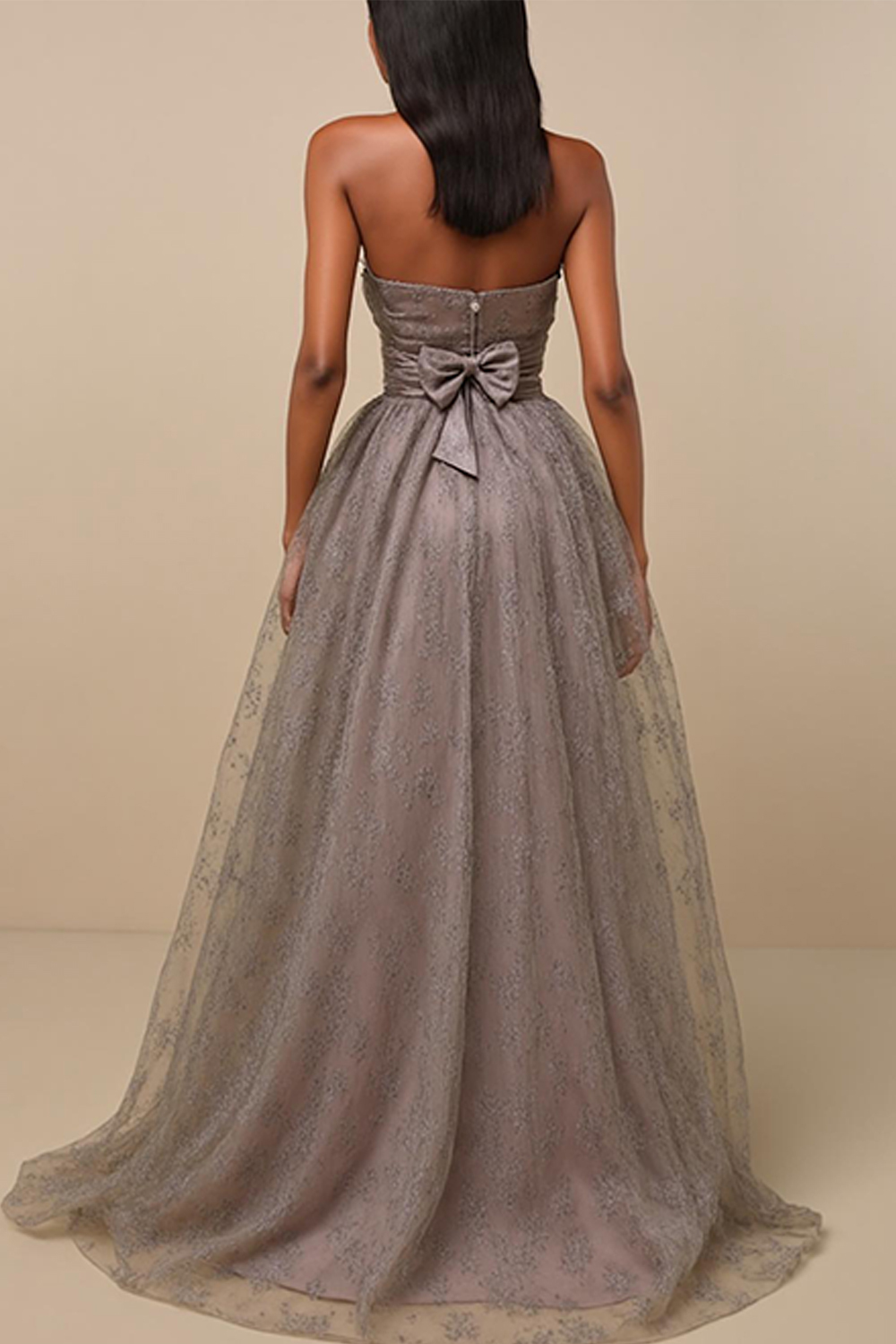 Modecrush Grey Organza Lace Appliques Strapless Corset Long Wedding Guest Dress