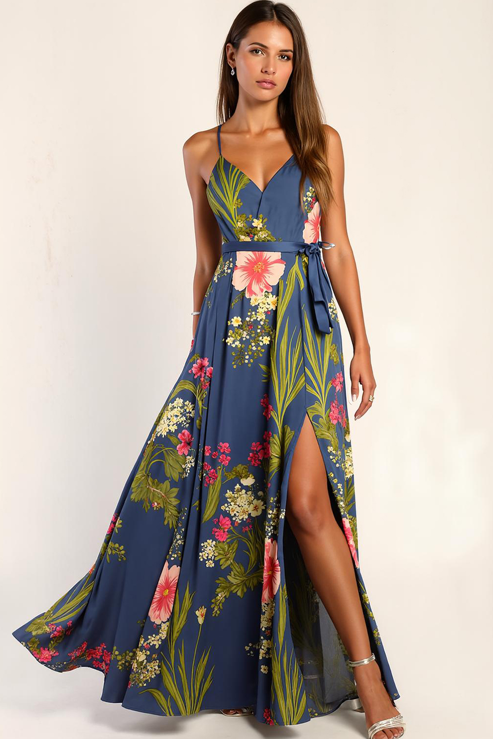Modecrush Floral Navy Satin V-Neck A-Line Dress with Side Slit
