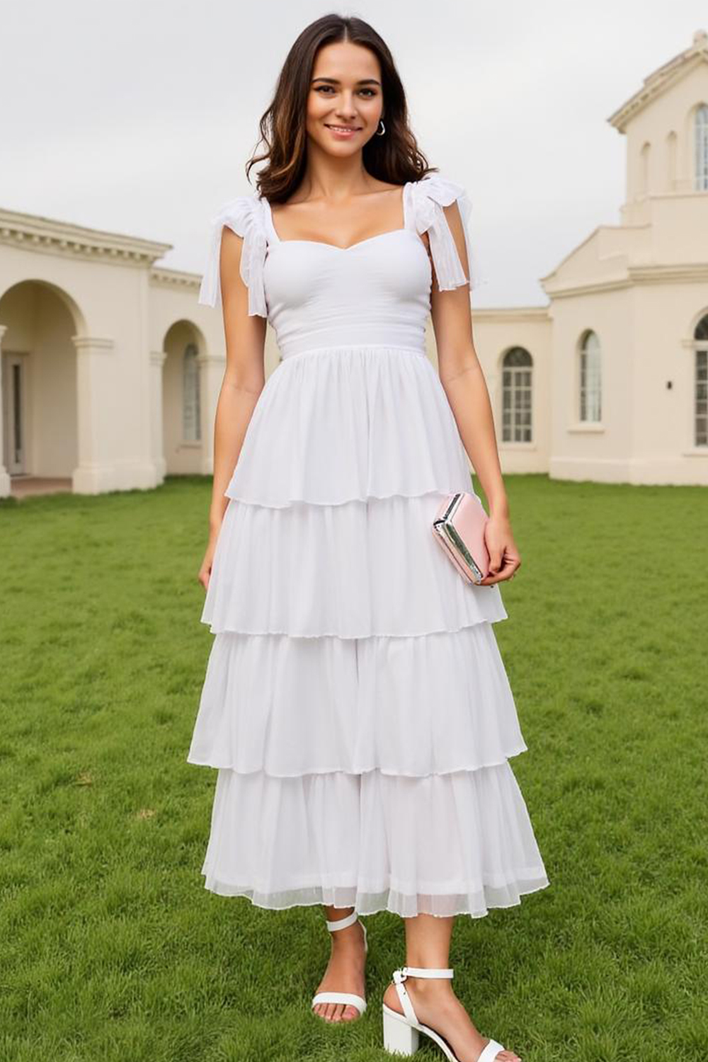 Modecrush White Chiffon Sweetheart A-Line Tiered Long Dress with Flutter Sleeves