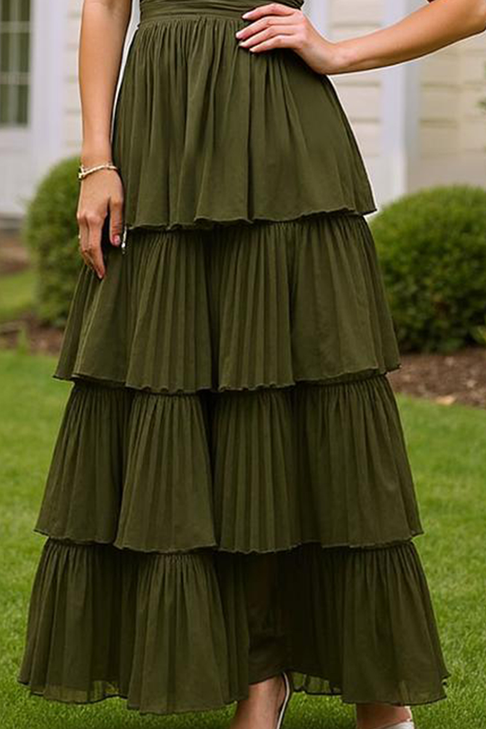Modecrush Green Satin Strapless Tiered A-Line Dress with Pleats and Covered Buttons