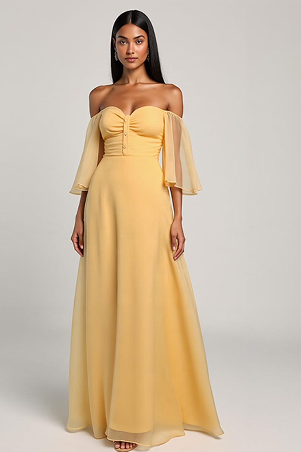 Yellow Off-Shoulder Organza Dress for Wedding & Vacation