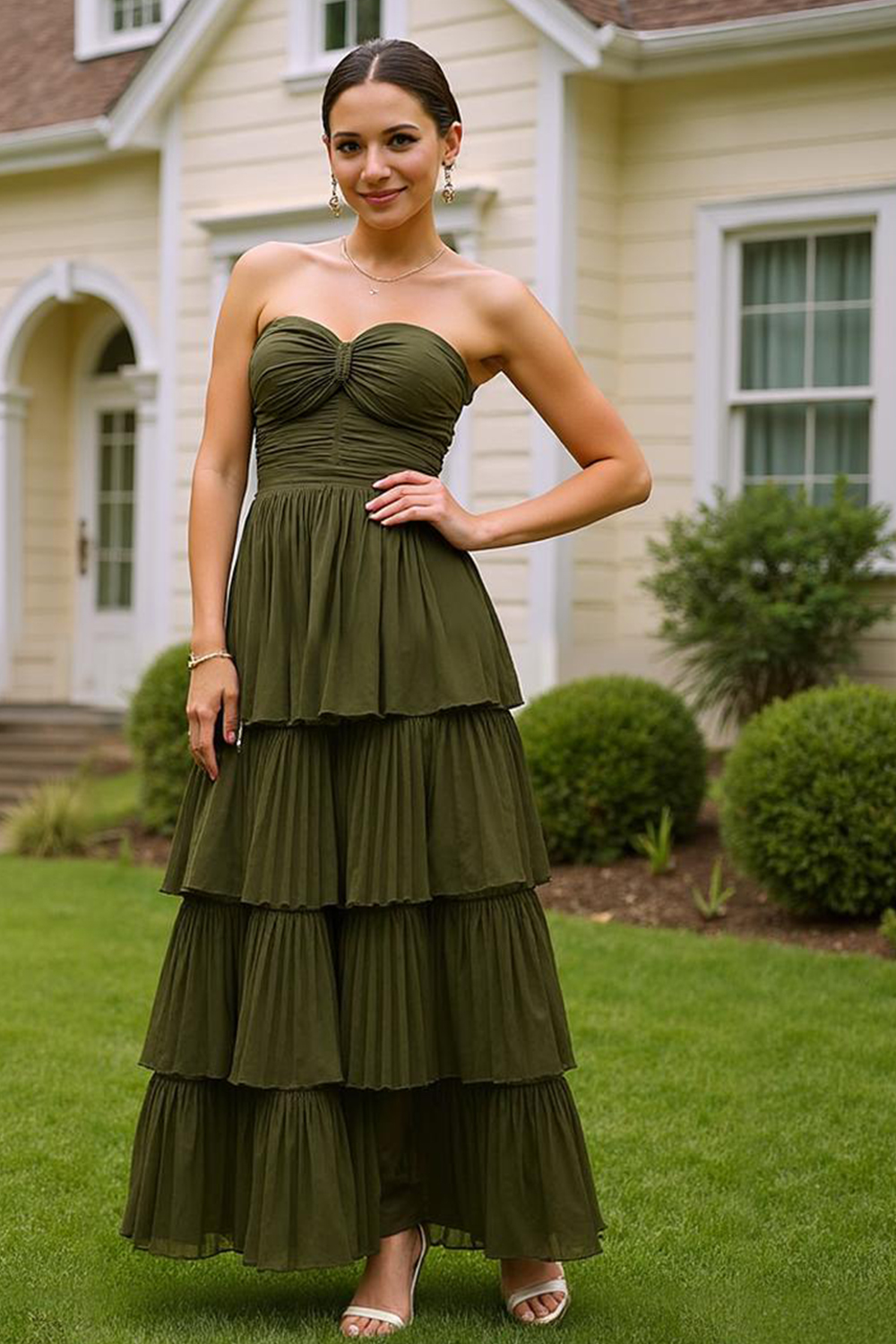 Modecrush Green Satin Strapless Tiered A-Line Dress with Pleats and Covered Buttons