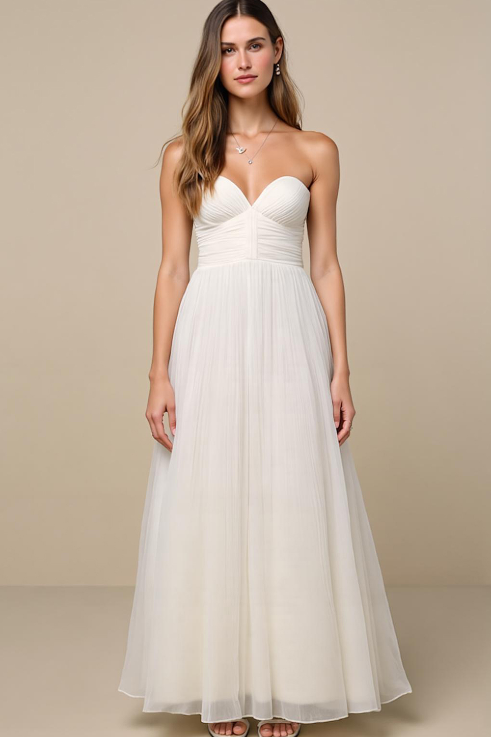 Modecrush Women's Long White Organza Ruched Ball Gown Wedding Guest Dr