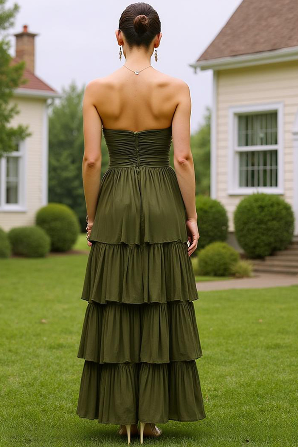 Modecrush Green Satin Strapless Tiered A-Line Dress with Pleats and Covered Buttons