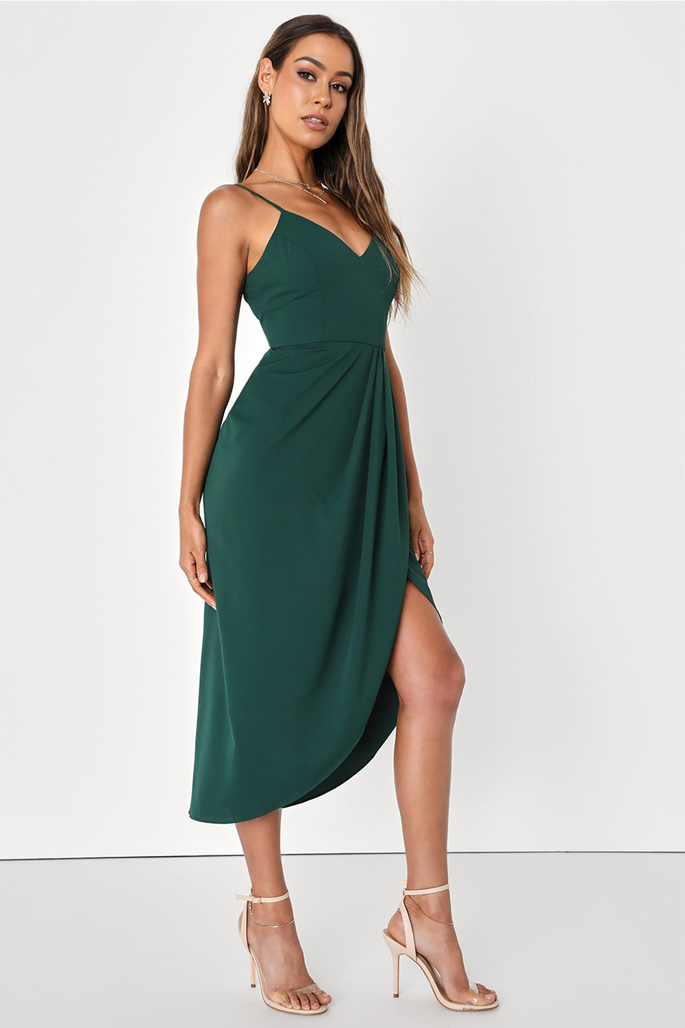 Modecrush Green Stretch Spandex V-Neck A-Line Formal & Vacation Dress