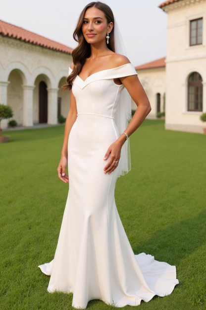 Modecrush White Fitted Spandex Off-Shoulder Long Wedding Guest Dress