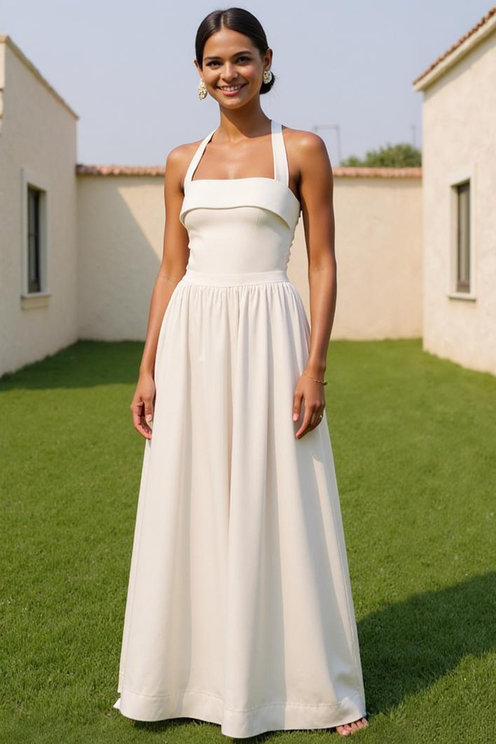Modecrush White Fitted Spandex Halter A-Line Long Formal & Vacation Dress