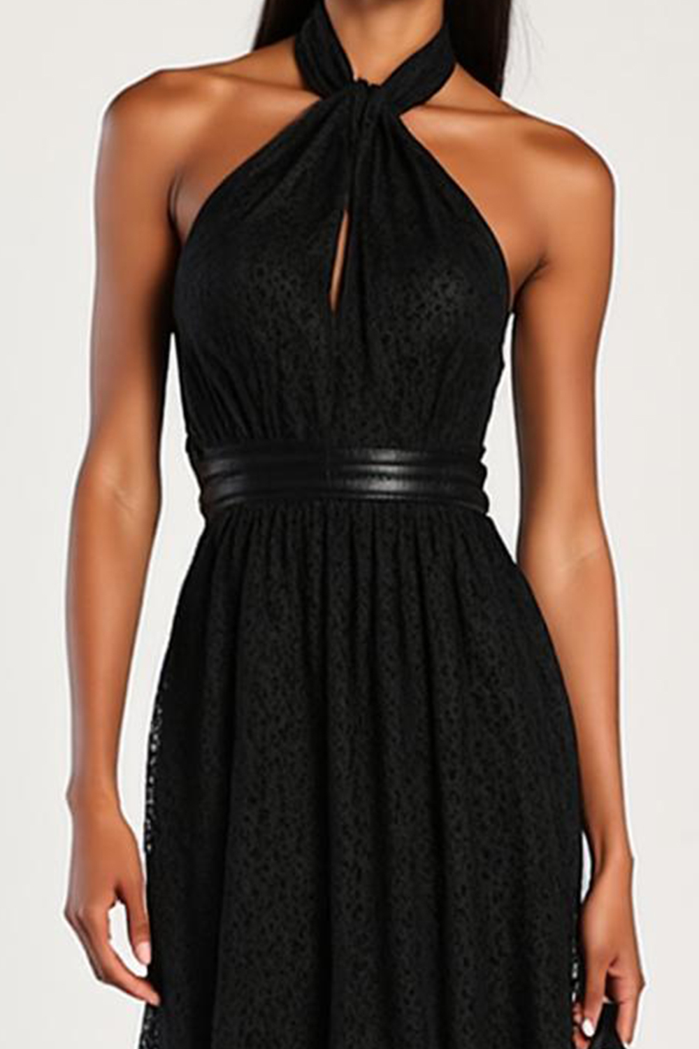 Modecrush Black Tacquard Fitted Cowl Neck Sheath Formal Dress with Sash