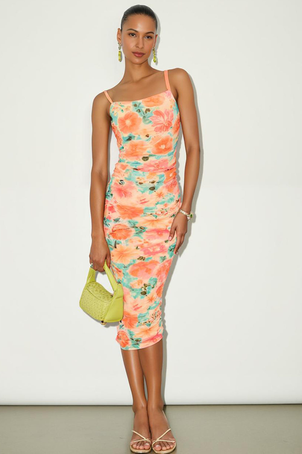 Modecrush Orange Pleated Spandex Floral Sheath Formal & Vacation Dress