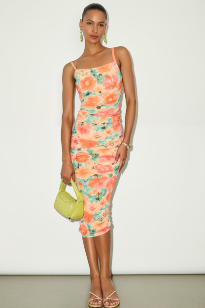 Modecrush Orange Pleated Spandex Floral Sheath Formal & Vacation Dress