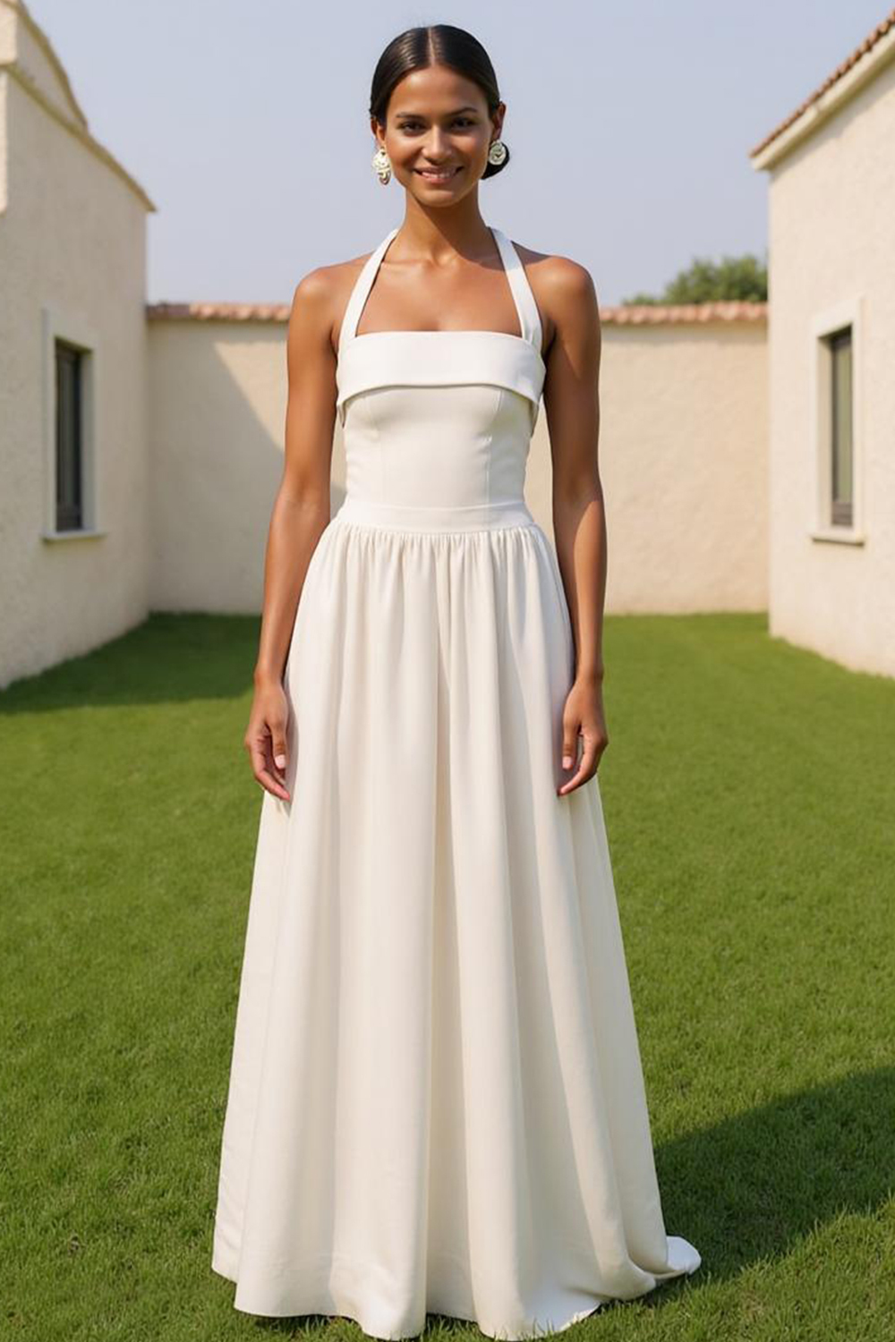 Modecrush White Fitted Spandex Halter A-Line Long Formal & Vacation Dress