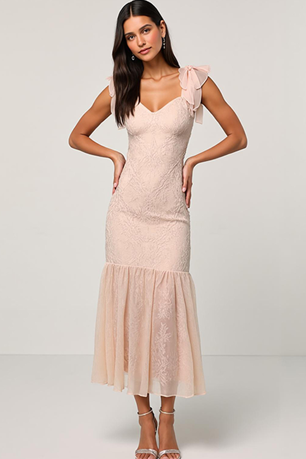 Fitted Jacquard Light Pink V‑Neck Sheath Dress 