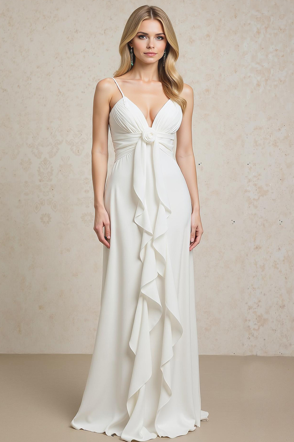 Modecrush White Chiffon V-Neck A-Line Dress with Floral Embellishment 