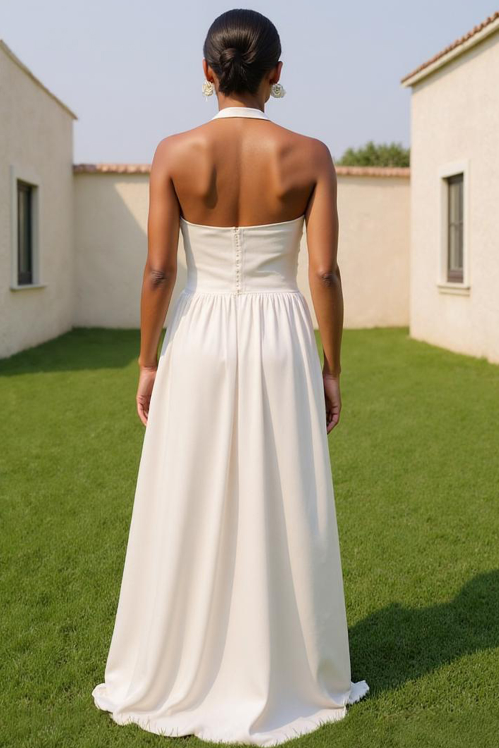 Modecrush White Fitted Spandex Halter A-Line Long Formal & Vacation Dress