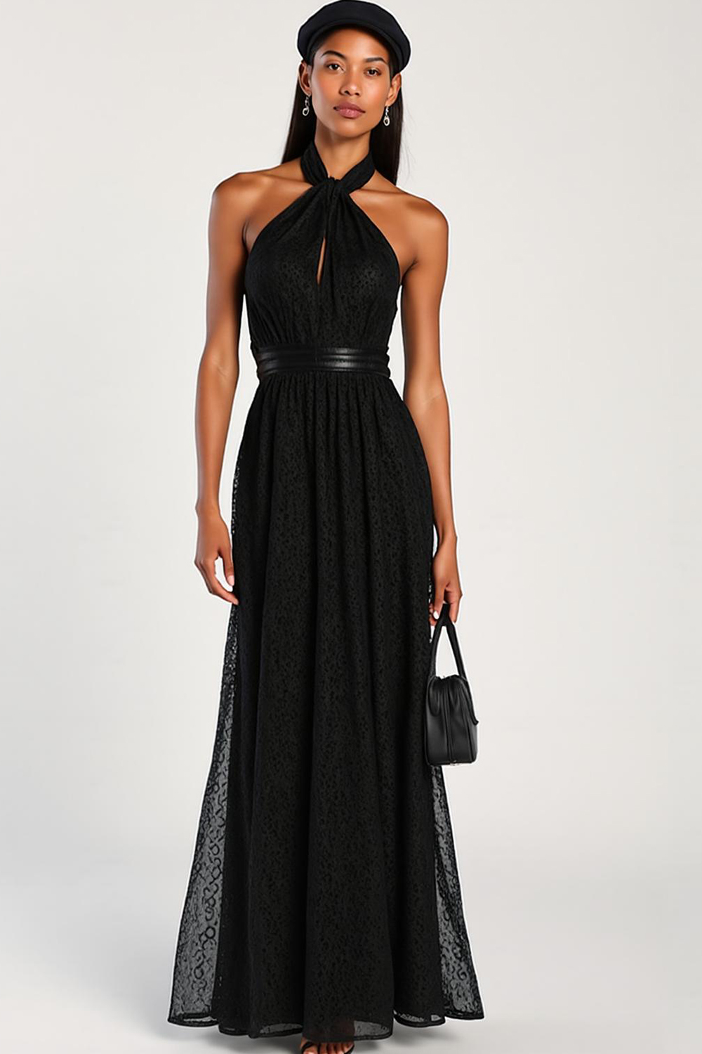 Modecrush Black Tacquard Fitted Cowl Neck Sheath Formal Dress with Sash