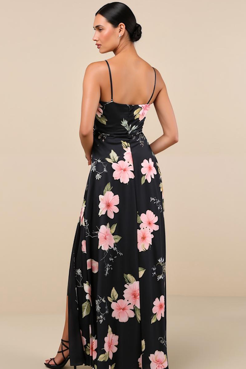 Modecrush Floral Black Satin V-Neck A-Line Dress with Side Slit