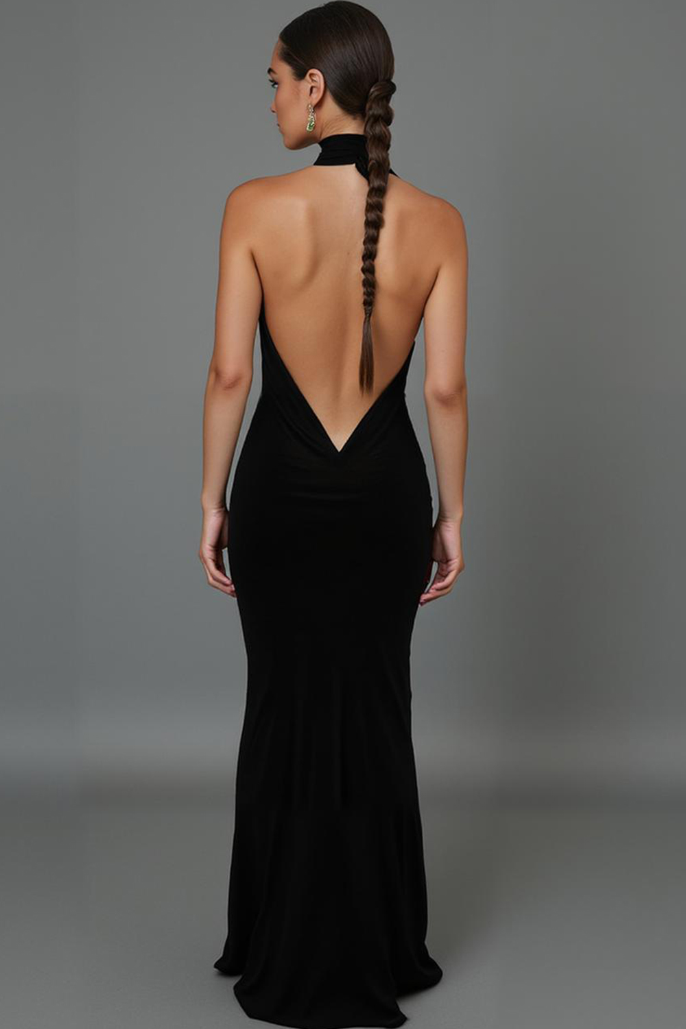 Modecrush Black Spandex Halter Backless Long Formal Dress