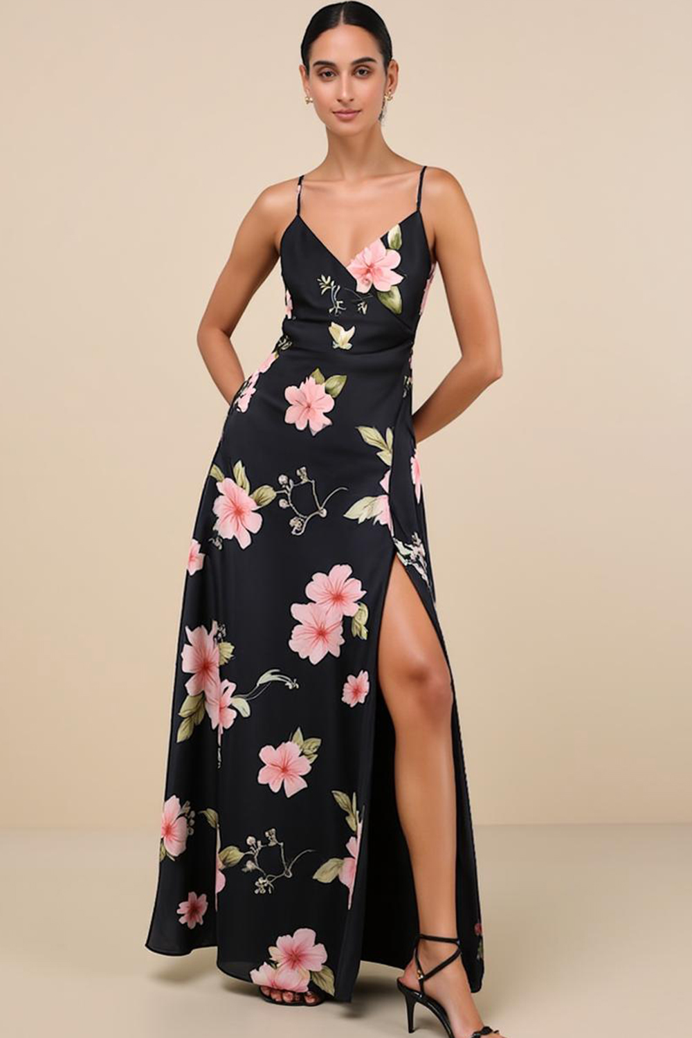 Modecrush Floral Black Satin V-Neck A-Line Dress with Side Slit