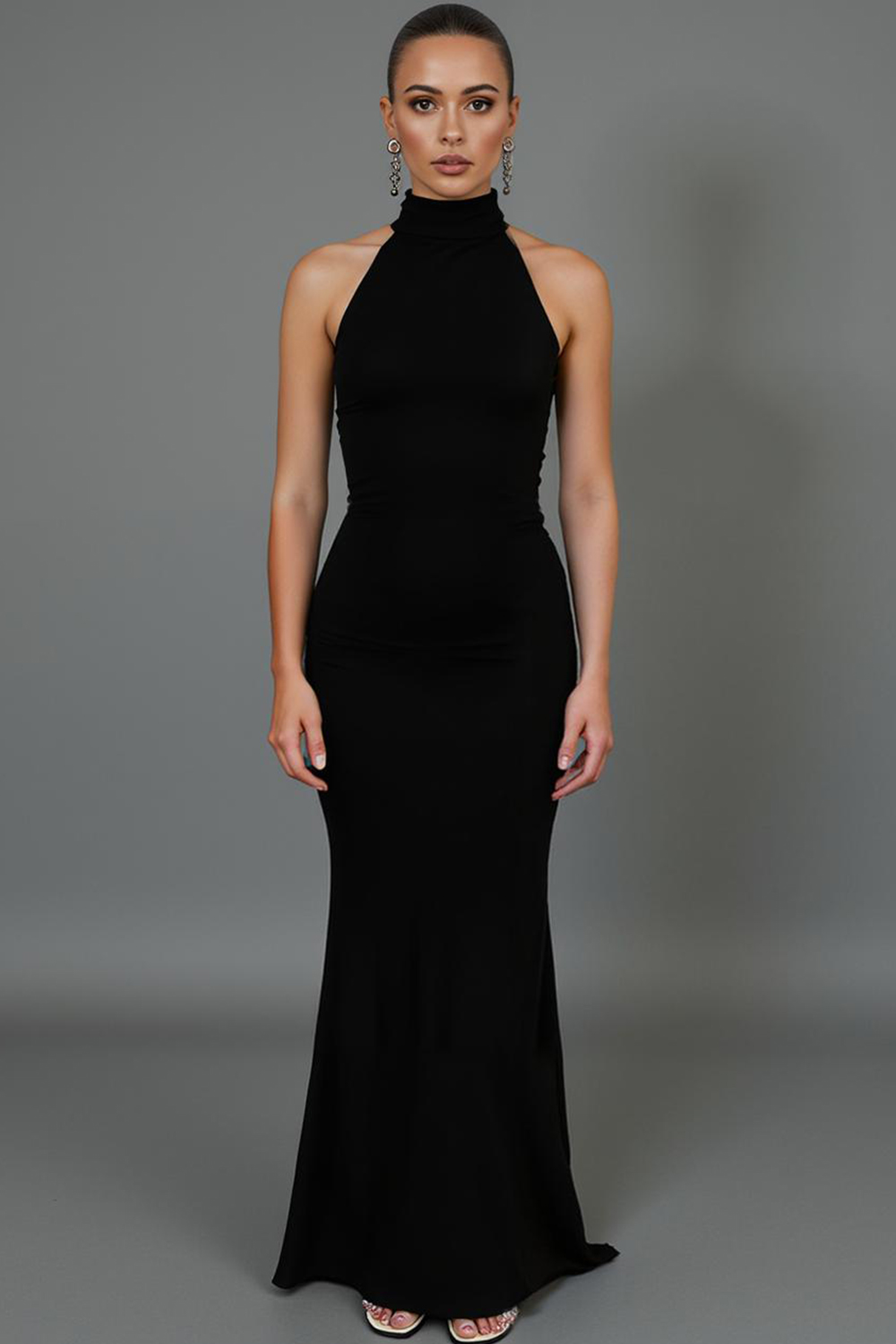 Modecrush Black Spandex Halter Backless Long Formal Dress