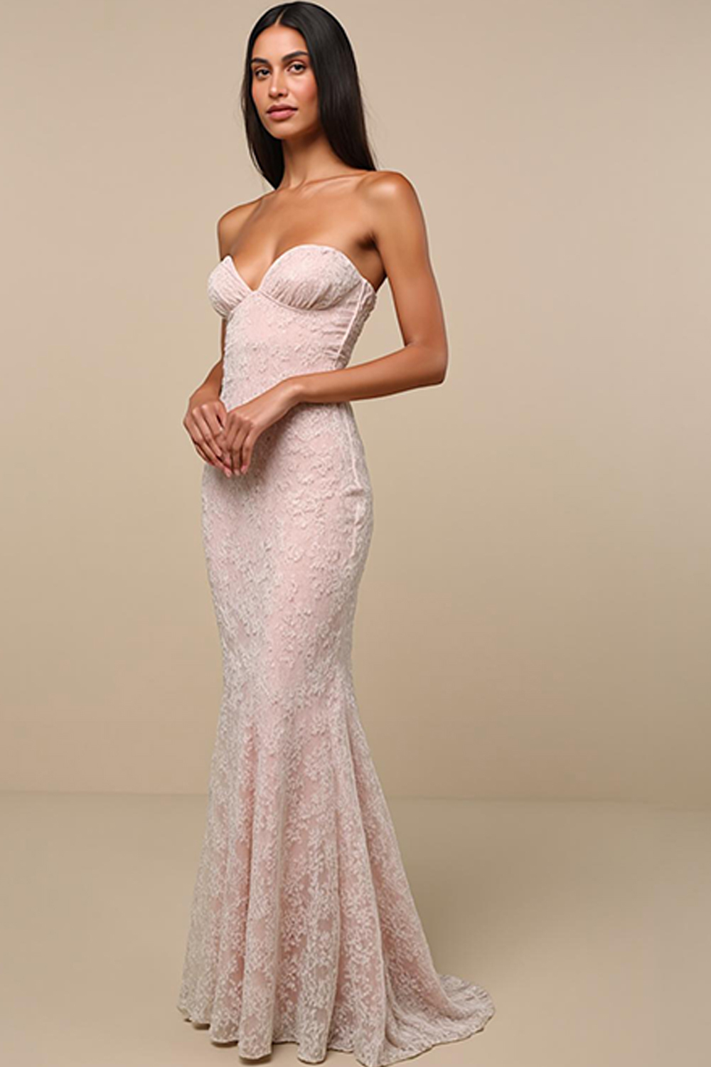 Modecrush Light Pink Lace Pleated Off-the-Shoulder Bodycon Long Dress