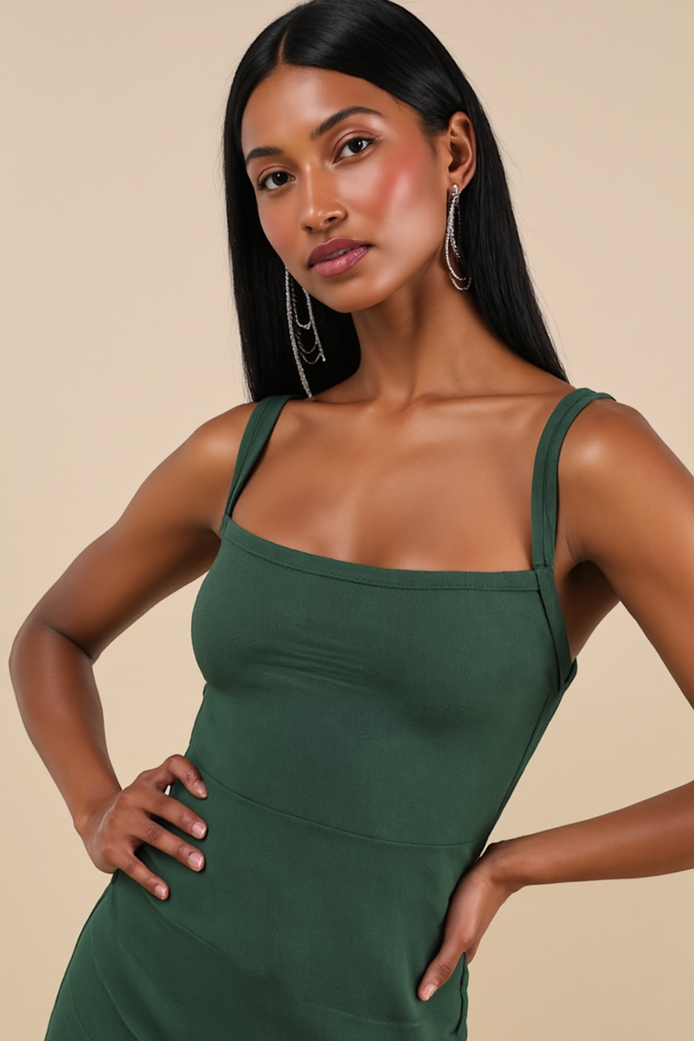 Modecrush Green Spandex Square Neck Sleeveless Sheath Formal & Vacation Dress