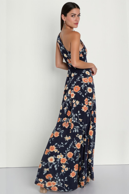 Modecrush Floral Navy Chiffon One-Shoulder A-Line Dress with Side Slit