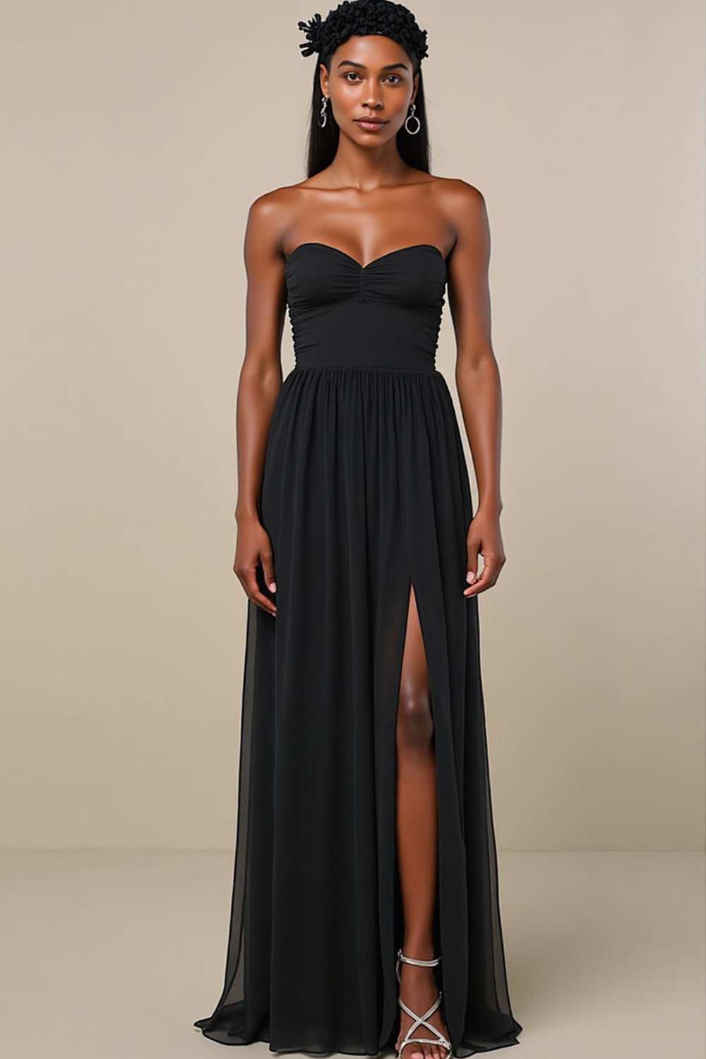 Modecrush Black Spandex Strapless Sheath Long Formal Dress with Side Slit