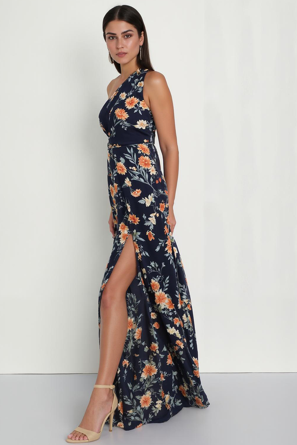 Modecrush Floral Navy Chiffon One-Shoulder A-Line Dress with Side Slit
